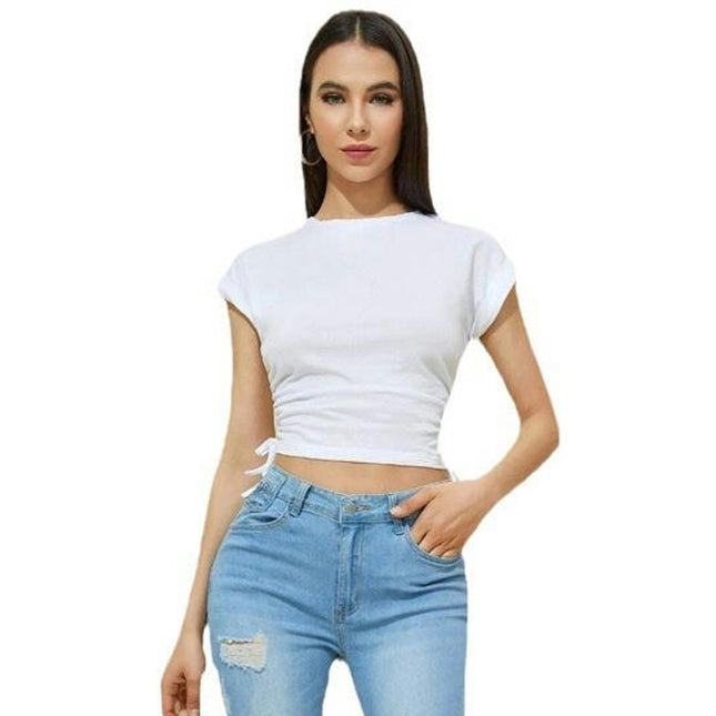 Women's Ruched Short Sleeve Crop Top Slim Fitted Crew Neck Casual T-Shirt