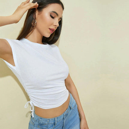 Women's Ruched Short Sleeve Crop Top Slim Fitted Crew Neck Casual T-Shirt