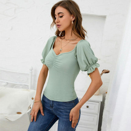 Women's Ruched Puff Short Sleeve Top Slim Fitted Sweetheart Neck Casual T-Shirt