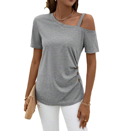 Women's Summer Ruched Short Sleeve Top One shoulder Casual T-Shirt