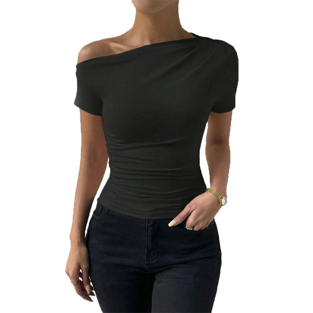 Women's Summer Ruched Slim Fit Short Sleeve Top One shoulder Casual T-Shirt