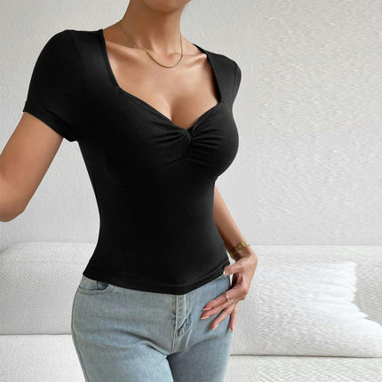 Women Summer Slim Fit Shirts Casual Short Sleeve Sweetheart Neck Ruched Tops