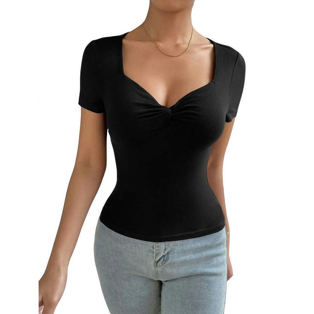 Women Summer Slim Fit Shirts Casual Short Sleeve Sweetheart Neck Ruched Tops