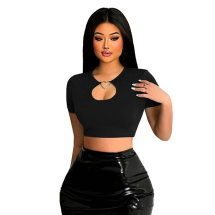 Women's Cut Out T-Shirt Crew Neck Short Sleeve Slim Fit Casual Crop Top