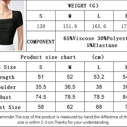 Women's Summer Square Neck Tops Short Sleeve Ruched Shirt Slim Fit Tees