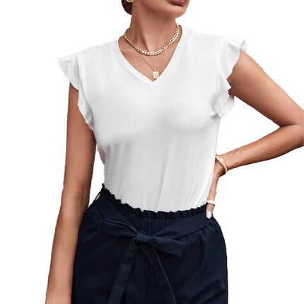 Womens Summer Tops Ruffle Cap Sleeve Tops V Neck Slim Fit T-Shirts