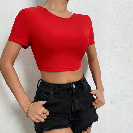 Women Sexy Criss Cross Lace Up Back Short Sleeve Crop Top T-Shirt