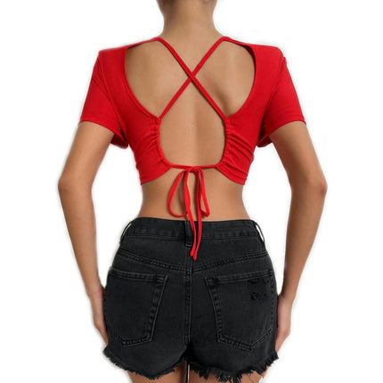 Women Sexy Criss Cross Lace Up Back Short Sleeve Crop Top T-Shirt