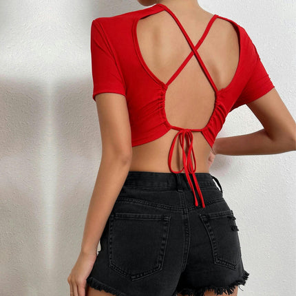 Women Sexy Criss Cross Lace Up Back Short Sleeve Crop Top T-Shirt