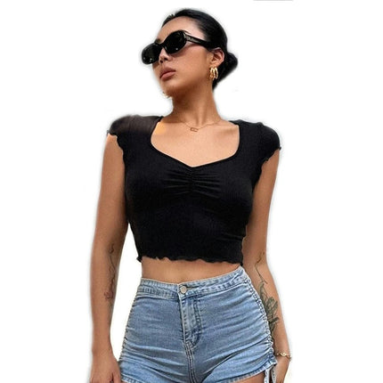 Women's Lettuce Trim Sweetheart Neck Short Sleeve Crop Top Slim Fitted T-Shirt