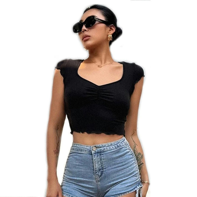 Women's Lettuce Trim Sweetheart Neck Short Sleeve Crop Top Slim Fitted T-Shirt