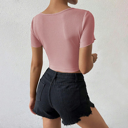 Women's Summer V Neck T-Shirt Short Sleeve Drawstring Front Crop Top