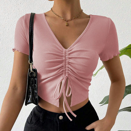 Women's Summer V Neck T-Shirt Short Sleeve Drawstring Front Crop Top