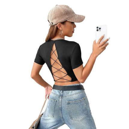 Women Criss Cross Lace Up Back Sexy Short Sleeve Crop Top T-Shirt