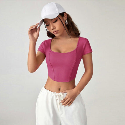 Women's Basic Crop Top Square Neck Ribbed Knit Short Sleeve Slim Fit T-Shirt