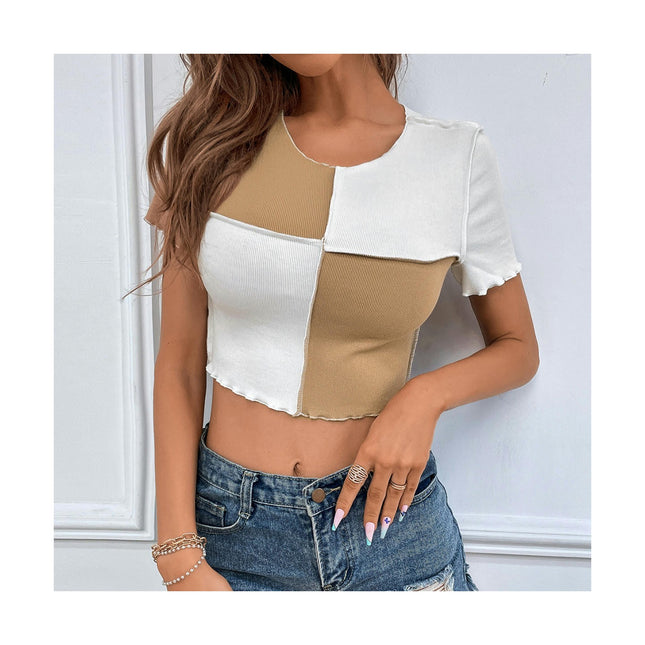 Women's Short Sleeve Round Neck Colorblock Tee Shirt Slim Fit Crop Top