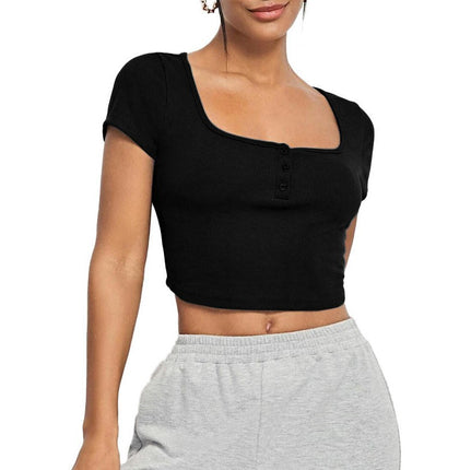 Women's Square Neck Short Sleeve Slim Fitted Ribbed Knit Basic Crop Top Tee Shirt