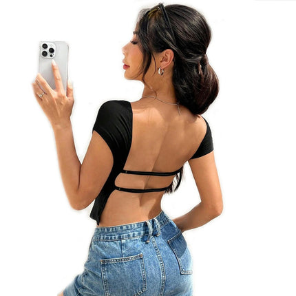 Women's Summer Slim Fit T Shirts Round Neck Short Sleeve Backless Crop Top