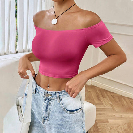 Women's Summer Off Shoulder Crop Top Short Sleeve Slim Fit T-Shirt