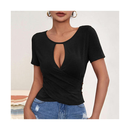 Women's Short Sleeve Crew Neck Cut Out Crop Tops Ruched Slim Fit T Shirt