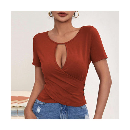 Women's Short Sleeve Crew Neck Cut Out Crop Tops Ruched Slim Fit T Shirt