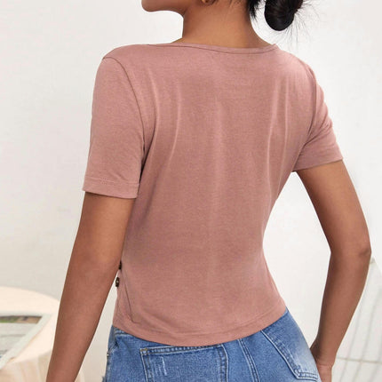 Women's Short Sleeve Crew Neck Cut Out Crop Tops Ruched Slim Fit T Shirt