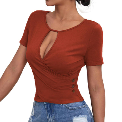 Women's Short Sleeve Crew Neck Cut Out Crop Tops Ruched Slim Fit T Shirt