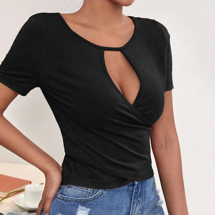 Women's Short Sleeve Crew Neck Cut Out Crop Tops Ruched Slim Fit T Shirt