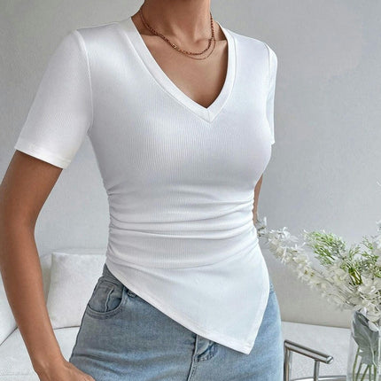 Women's Slim Fit T Shirts V Neck Short Sleeve Asymmetrical Hem Ruched Top