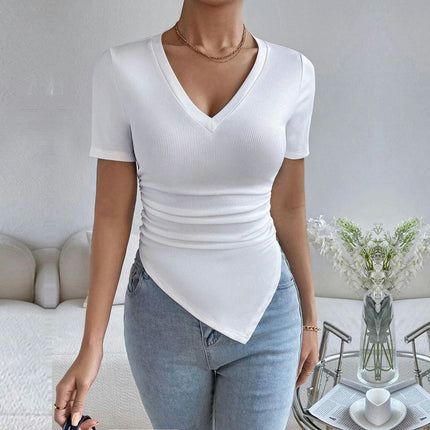 Women's Slim Fit T Shirts V Neck Short Sleeve Asymmetrical Hem Ruched Top