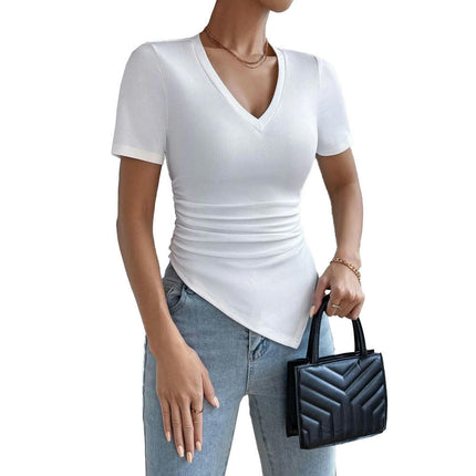 Women's Slim Fit T Shirts V Neck Short Sleeve Asymmetrical Hem Ruched Top