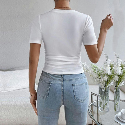 Women's Slim Fit T Shirts V Neck Short Sleeve Asymmetrical Hem Ruched Top