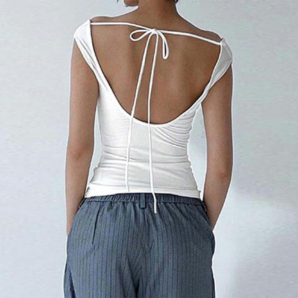 Women's Off Shoulder Cropped Tops Short Sleeve Slim Fit Backless Tie T Shirt