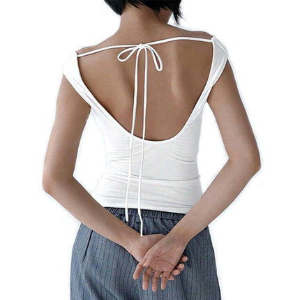 Women's Off Shoulder Cropped Tops Short Sleeve Slim Fit Backless Tie T Shirt