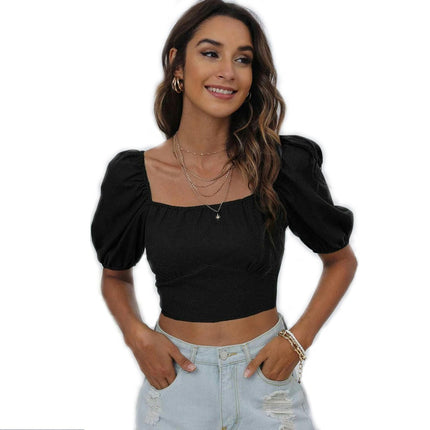 Women Lace Up Backless Slim Fit Puff Short Sleeve Crop Tops Square Neck T Shirts