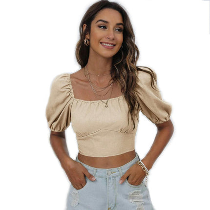 Women Lace Up Backless Slim Fit Puff Short Sleeve Crop Tops Square Neck T Shirts