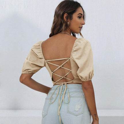 Women Lace Up Backless Slim Fit Puff Short Sleeve Crop Tops Square Neck T Shirts