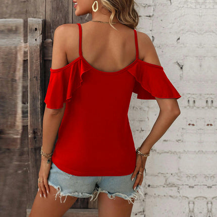 Womens Short Sleeve Cold Shoulder Tops Sexy Summer Spaghetti Straps Shirts