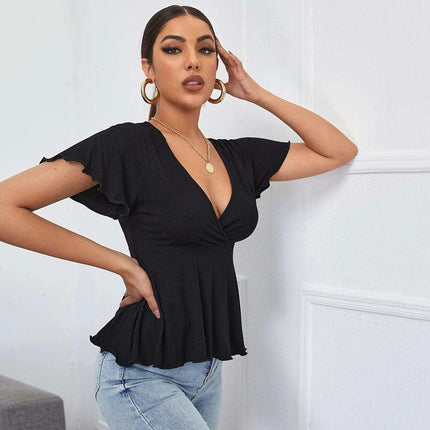 Women's Summer Short Sleeve Blouse Deep V Neck Ruffle Hem Shirts Tops