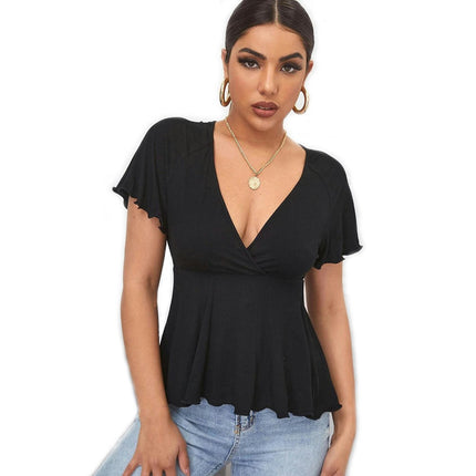 Women's Summer Short Sleeve Blouse Deep V Neck Ruffle Hem Shirts Tops