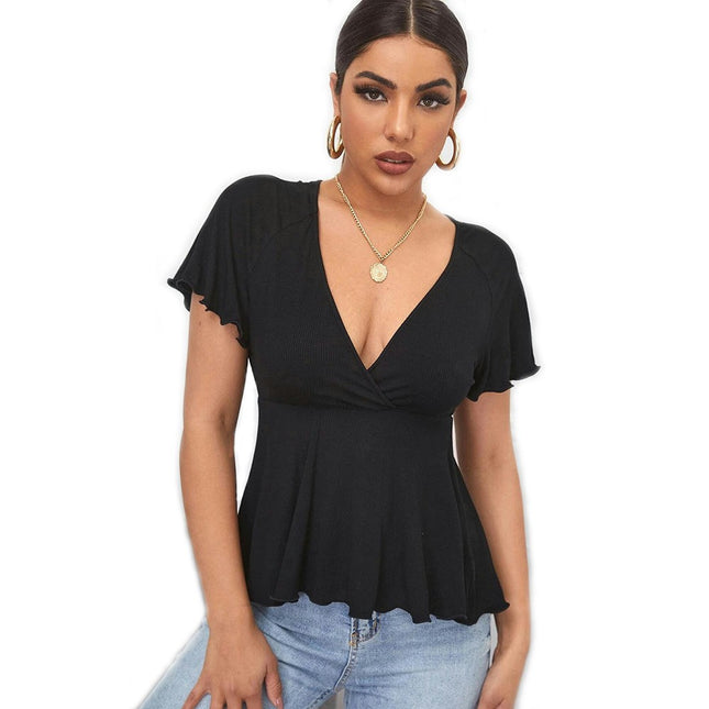 Women's Summer Short Sleeve Blouse Deep V Neck Ruffle Hem Shirts Tops