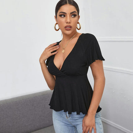 Women's Summer Short Sleeve Blouse Deep V Neck Ruffle Hem Shirts Tops