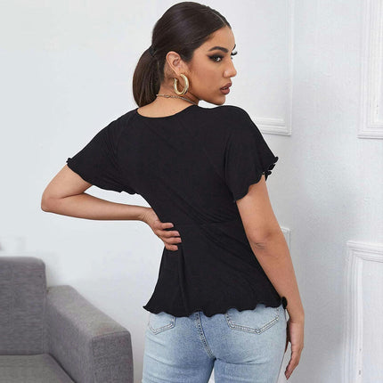 Women's Summer Short Sleeve Blouse Deep V Neck Ruffle Hem Shirts Tops