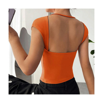 Women Sexy Backless Short Sleeve Slim Fit Crew Neck Summer Crop Tops