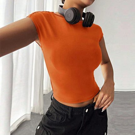 Women Sexy Backless Short Sleeve Slim Fit Crew Neck Summer Crop Tops