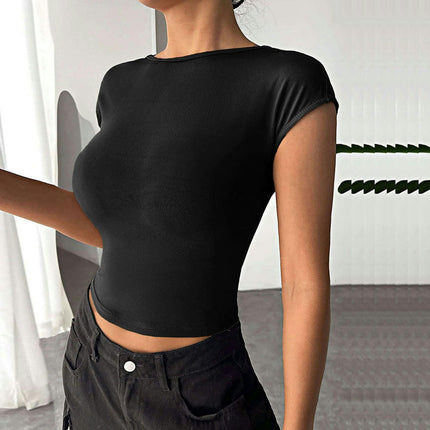 Women Sexy Backless Short Sleeve Slim Fit Crew Neck Summer Crop Tops