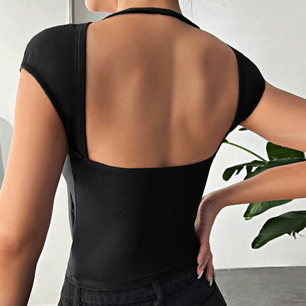 Women Sexy Backless Short Sleeve Slim Fit Crew Neck Summer Crop Tops