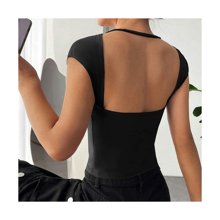 Women Sexy Backless Short Sleeve Slim Fit Crew Neck Summer Crop Tops