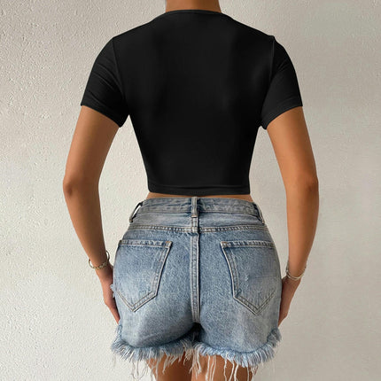 Women's Sexy Deep V Neck Short Sleeve T Shirts Summer Casual Going Out Crop Tops