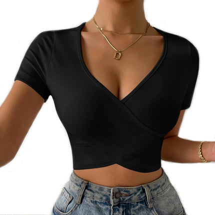 Women's Sexy Deep V Neck Short Sleeve T Shirts Summer Casual Going Out Crop Tops